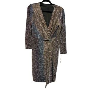 Maggy London Multicolored Rainbow Shimmer Metallic Surplice Cocktail Party Dress
